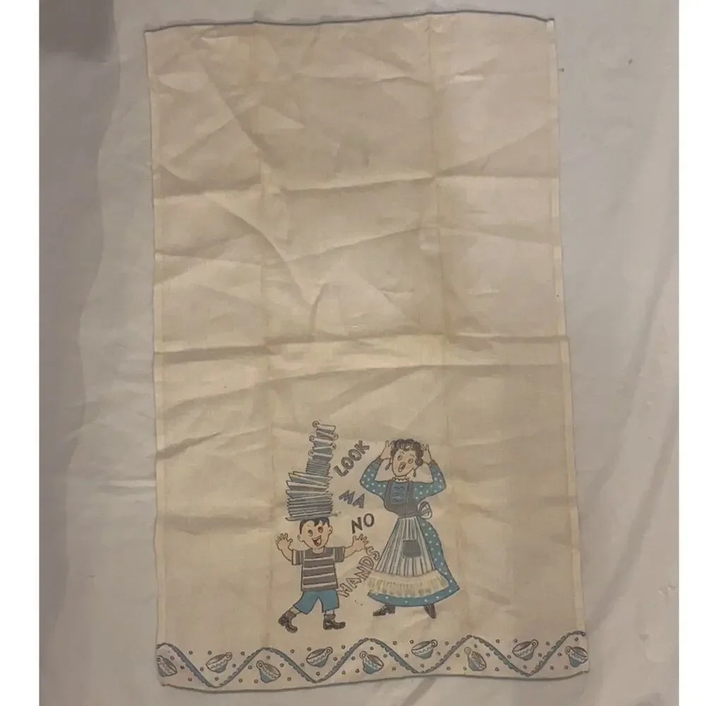 Vintage Lot of 2 Tea Kitchen Towel  - Look Ma No Hands - Off White / Blue
